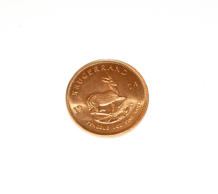 South Africa, 1974 Krugerrand. 1 oz. fine gold (.999). Obv: Bust of Paul Kruger left. Rev: