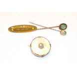 Two opal stick pins, a 15 carat gold diamond bar brooch, length 4.2cm and a mother-of-pearl and