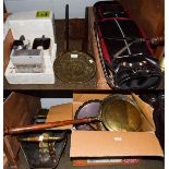 A group of 19th century and later copper and brass wares, including occasional tables, coal buckets,