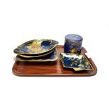 Carlton ware blue ground chinoiserie pattern lustre wares including four various dishes, the largest