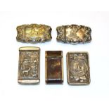 A collection of five silver plated and metal vesta-cases, some American, variously oblong or