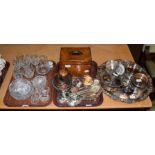 A collection of silver plate including a large salver, a quantity of wine-coasters, some engraved