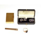 A 9 carat gold money clip, a 9 carat gold onyx signet ring, out of shape, a pair of silver and