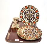 Royal Crown Derby comprising of three plates, rectangular form dish and cover, octagonal form jar