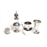 Four silver items, including an Edward VII silver caster, by Herbert Edward Barker & Frank Ernest