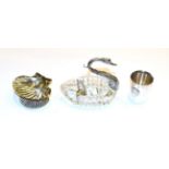 A silver-mounted cut-glass ashtray in the form of a swan and with silver pipe tamper, 11cm long,