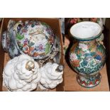 White glazed ceramic table lamps with fruit and floral decoration, and a Fell & Co, tureen and