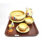 A collection of Clarice Cliff Bizarre pattern wares, in the Crocus pattern, comprising a bowl,