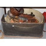 * A large circular tin bath together with a copper coal bucket, electric fire and a fender (4)