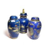 Carlton ware blue ground chinoiserie pattern lustre including a large vase and cover, pattern number