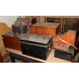 * A Victorian oak canteen cabinet, campaign handles, drawers to interior, labelled 'M. Rhodes,