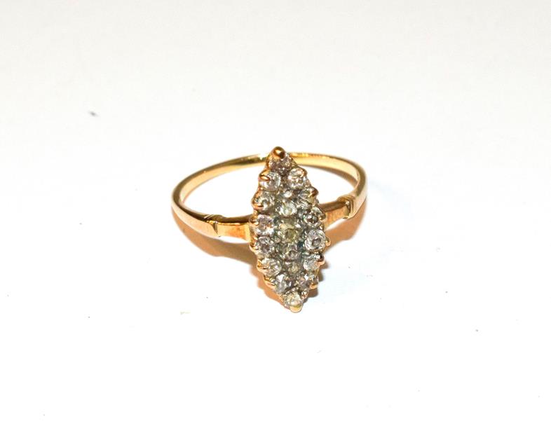 A diamond navette ring, set throughout with old cut diamonds, unmarked, finger size P1/2. Gross
