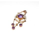 An amethyst, split pearl and enamel pendant, length 4.7cm . Stamped '9CT'. Gross weight 2.3 grams.