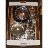 A collection of assorted silver plate, including: a salver, hot water jug and coffee pot, each