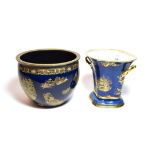 Carlton ware blue ground chinoiserie pattern lustre comprising a jardiniere and a twin handled