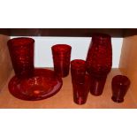 Whitefriars - A Group of Wave Ribbed Glass Vases and Bowl, in ruby, including tumbler vases, pattern