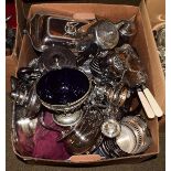 Assorted silver plate including tea and coffee wares, entree dishes, siphon stand etc (one box)