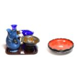 20th century ceramics and glass including a Plymouth Gin blue ground glug jug, Gouda bowl, Stuart