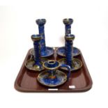 Carlton ware blue ground chinoiserie pattern lustre wares comprising two pairs of candlesticks and a