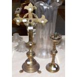 * A Victorian brass and 'bejewelled' altar cross, of Arts & Crafts stylised form, on domed base,