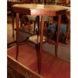 A late Victorian parquetry decorated occasional table with foliate and bird decoration on tapering