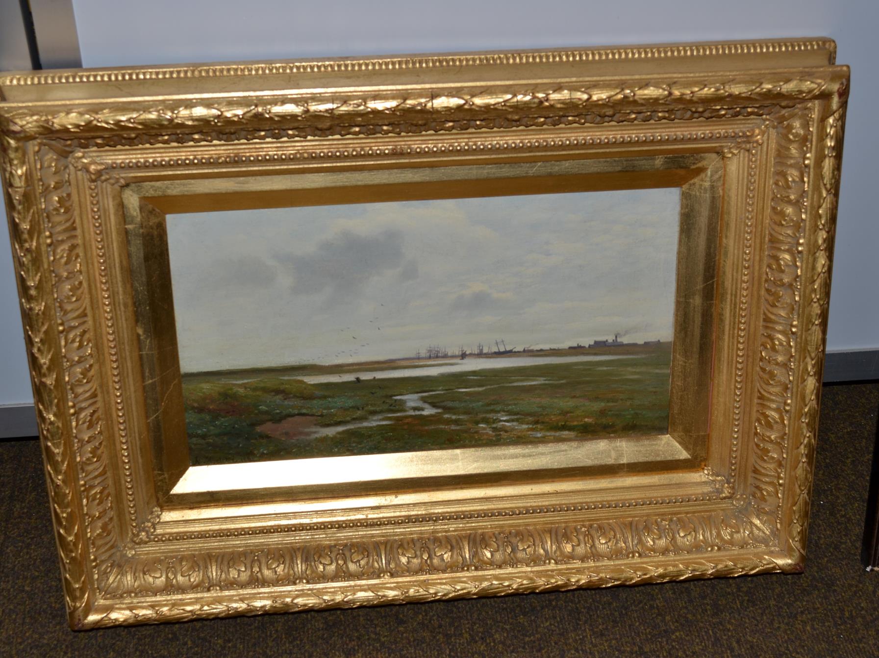 French School (19th century), Expansive landscape with distant shipyard, indistinctly signed and