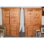 A pair of reclaimed wood cupboards, each with an upper section fitted with shelves, 125cm by 67cm by