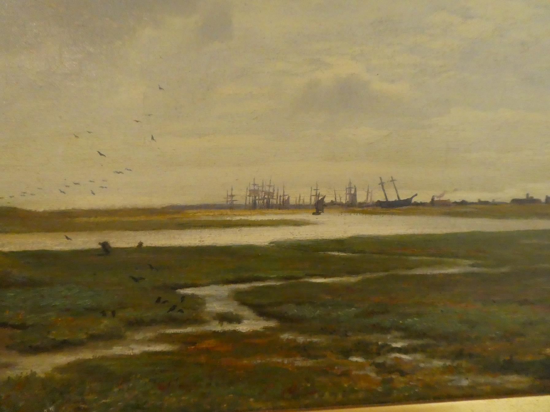 French School (19th century), Expansive landscape with distant shipyard, indistinctly signed and - Image 5 of 7