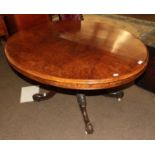 A Victorian bur walnut veneered oval tilt top breakfast table