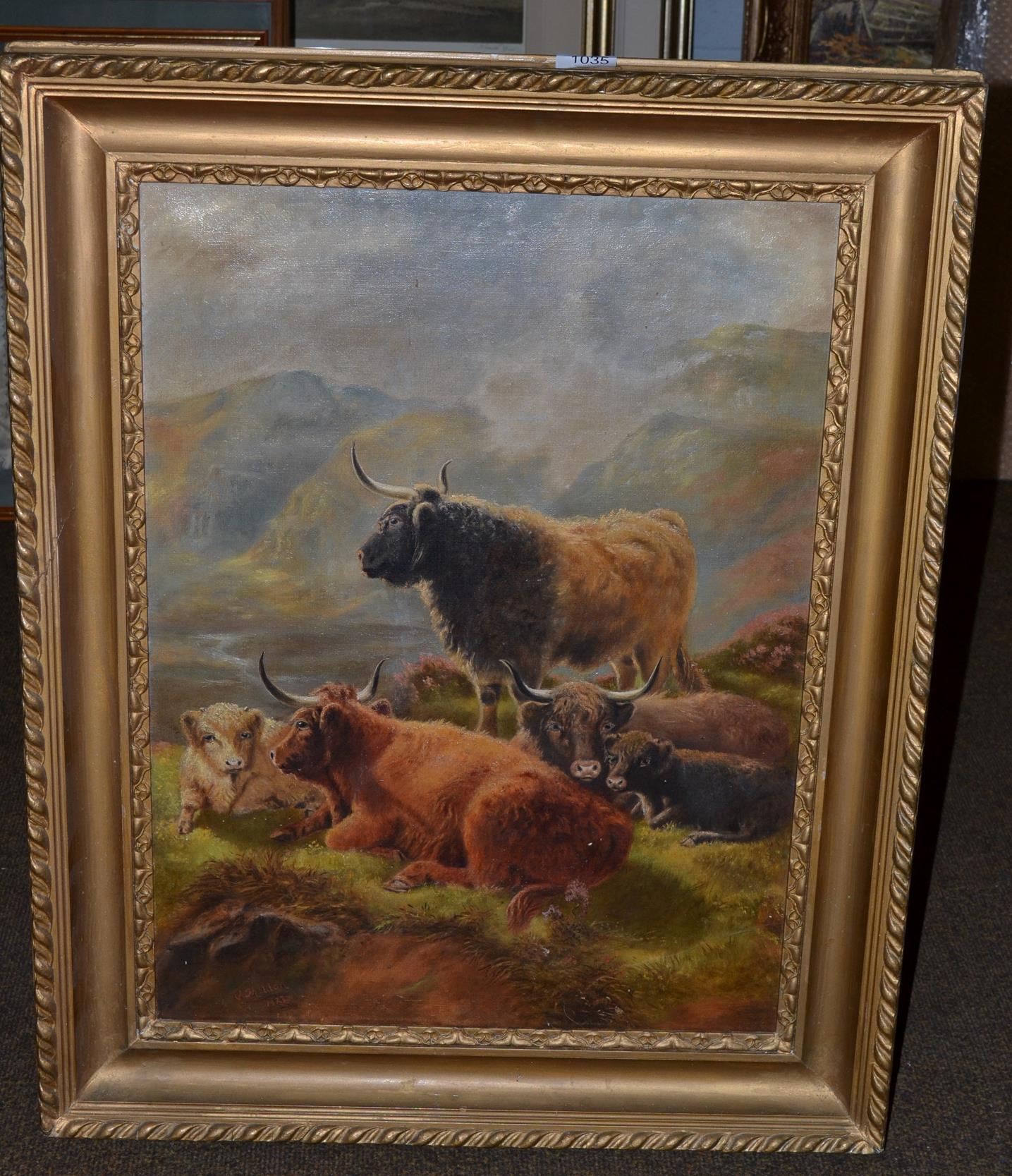 J Shelden (20th century) 'Highland Cattle' signed and dated 1922, oil on canvas, 60cm by 45cm