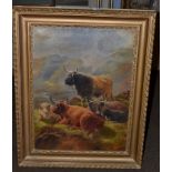 J Shelden (20th century) 'Highland Cattle' signed and dated 1922, oil on canvas, 60cm by 45cm