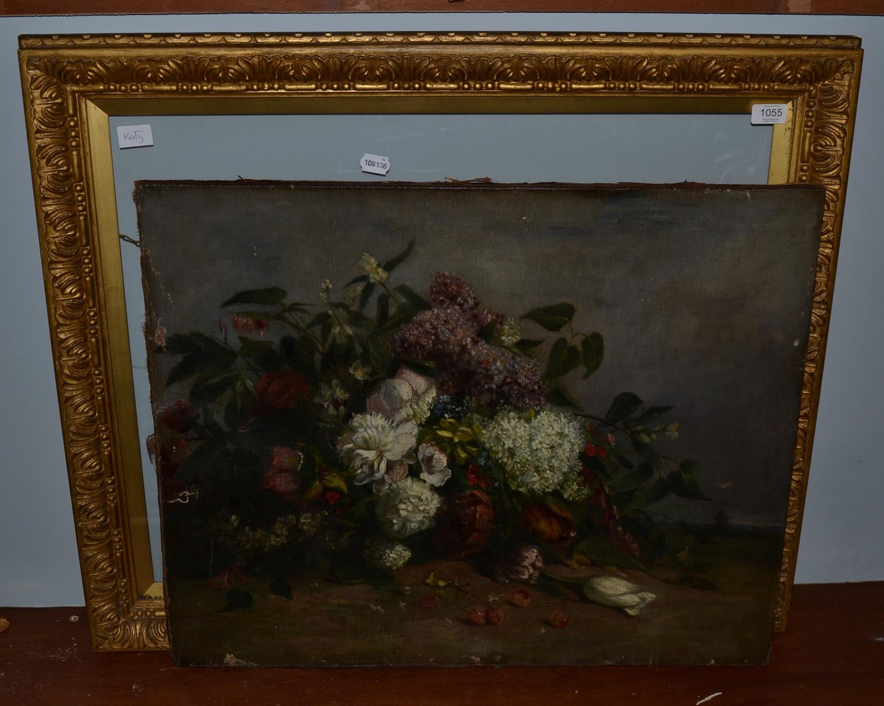 British school (20th century), still life of flowers and grapes, oil on canvas, 60cm by 73cm
