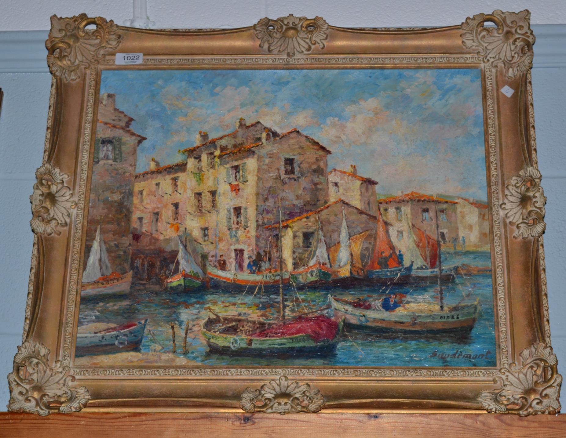 French School, 20th century, Sunlit fishing village, indistinctly signed, oil on boards, 44cm by