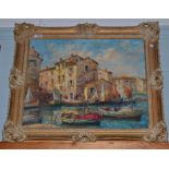 French School, 20th century, Sunlit fishing village, indistinctly signed, oil on boards, 44cm by