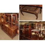 A 20th century Chinese hardwood coffee table, a carved oak blanket chest, two Chippendale style