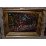 Geoffrey Mortimer (20th century) 'The Hunt riding through woodland', signed, oil on board, 21cm by