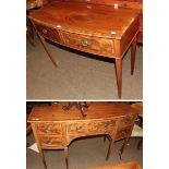 A Georgian style mahogany veneered bow fronted sideboard, the backboard with applied Cooper of