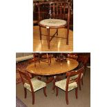 Six Regency style mahogany dining chairs and an Edwardian mahogany inlaid tub chair with wool work