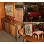 A mahogany bedroom table mirror, footstool, mahogany sideboard, a piano stool and two coffee