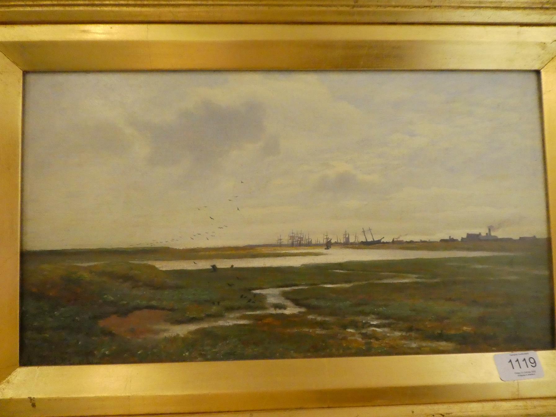 French School (19th century), Expansive landscape with distant shipyard, indistinctly signed and - Image 2 of 7