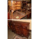 A reproduction mahogany break-front sideboard in a 20th century walnut veneered three-drawer chest