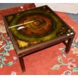 * A 1970's square coffee table, 'Planisphaerium' reverse printed glass top, 80cm wide