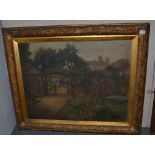 British School, (early 20th century) flower garden before country house, indistinctly signed, oil on