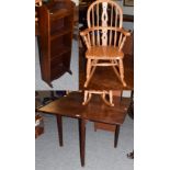 A 19th century mahogany drop-leaf table, a modern open bookcase and a modern child's rocking