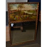 A mirror, surmounted with an oil on panel with figures promenading in a landscape