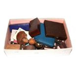 A box of assorted collectables including napkin rings, Dutch silver plated purse, Ronson razer,