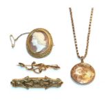 A locket, stamped '9C' on chain with applied plaque stamped '9C', chain length 48cm, a cameo brooch,