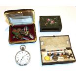 Various miniature medals, cap badges, a silver pocket watch, match holder etc (qty)