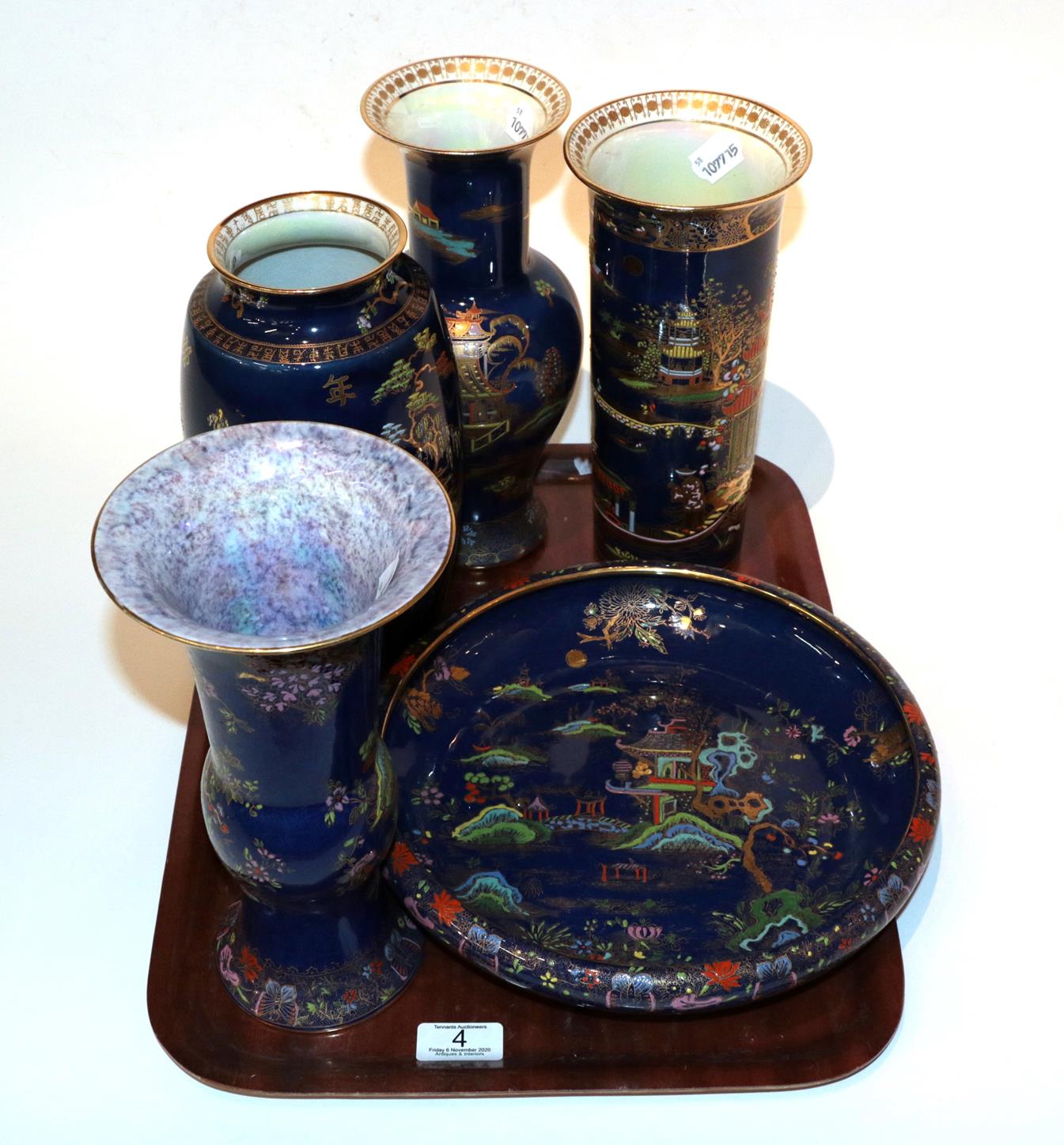 Three Carlton ware chinoiserie vases and two Lawley's pieces similarly decorated