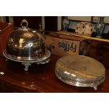 A large silver plated meat dish, ship crest; with a food dome and cake stand (3)